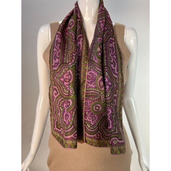Vintage Silk Scarf With Paisley Print In Pink & Green - Picture 3 of 16